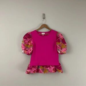Entro Hot Pink Sheer Floral Trim Knit Top Size Large